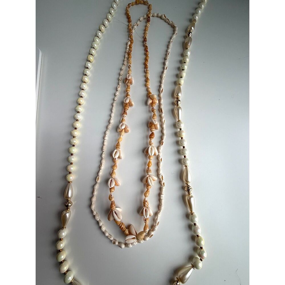 3pc Seashell & Faux Pearl Necklace Lot Cowrie Shell Coastal Boho Jewelry